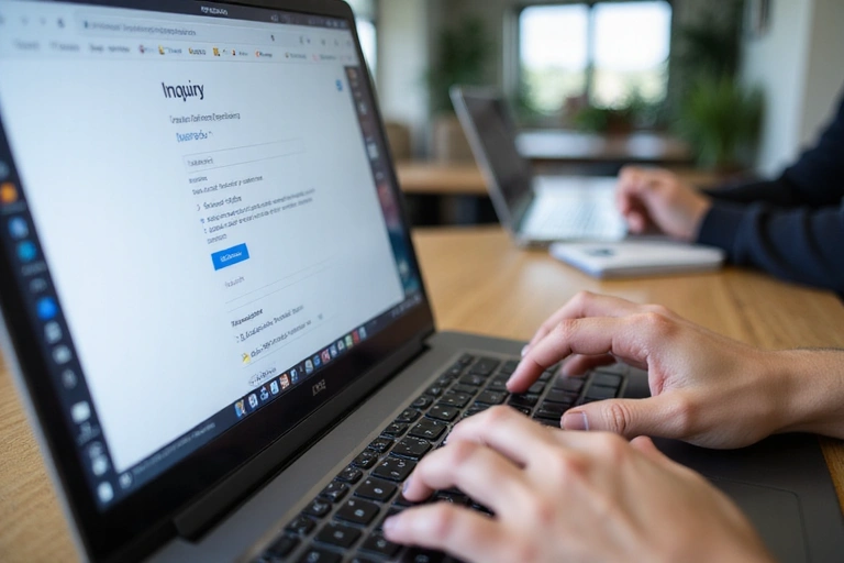 Ręka pisząca wiadomość na laptopie, symbolizująca proces wysyłania zapytania przez formularz kontaktowy.