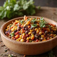 A bowl of colorful, fresh Ayurvedic food ingredients like spices, lentils, and vegetables, symbolizing the Ayurvedic approach to diet. Warm, inviting tones.