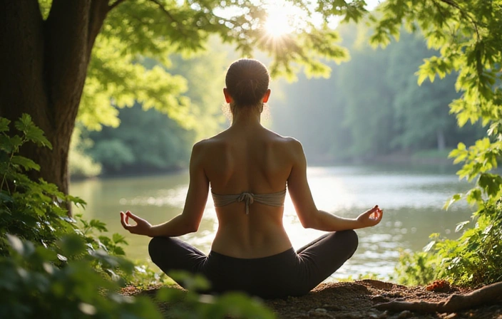 A person meditating in a serene, natural environment, symbolizing inner peace and balance. Soft morning light, green foliage, and a calm body of water in the background. The person is in a lotus position, with a gentle, focused expression.