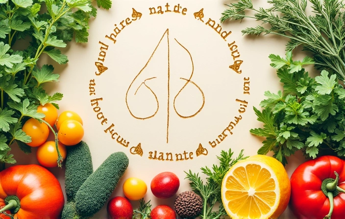 A vibrant collage of natural elements like herbs, fresh fruits, vegetables, and ancient symbols representing traditional medicine, symbolizing holism and nature. Bright, inviting colors.