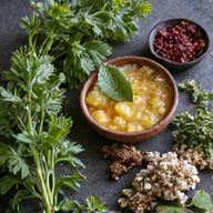 Ancient herbal remedies and plants arranged aesthetically, representing phytotherapy. Soft, natural light.