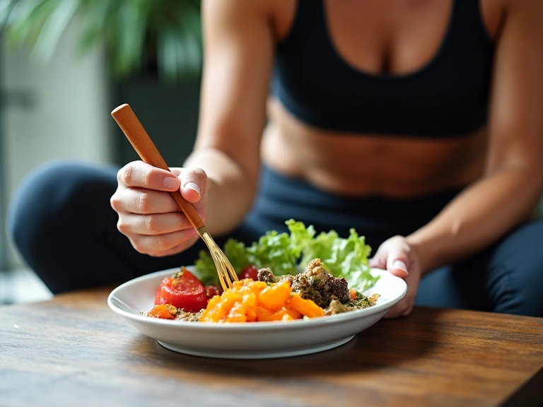 An athlete eating healthy food or training, in an elegant style. No text.
