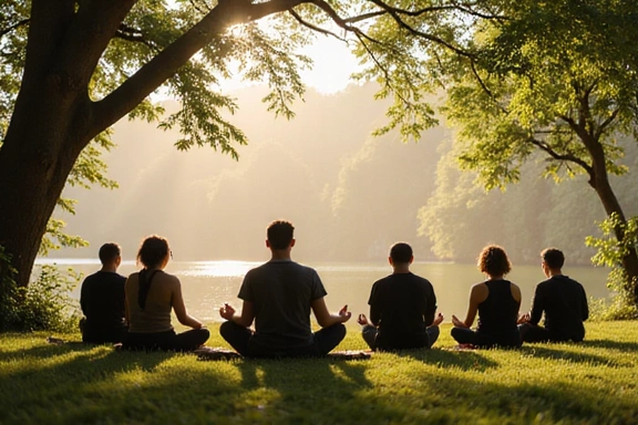 Grupa ludzi medytujących w spokojnym otoczeniu, symbolizująca warsztat uważności