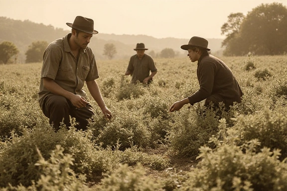Historyczne zdjęcie ludzi zbierających zioła, symbolizujące dawne metody.